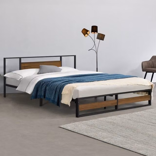 Struttura Letto Matrimoniale Villach King Size en Acciaio e MDF en.casa, Colore Nero e Effetto Noce, L/P: 180 x 200 cm