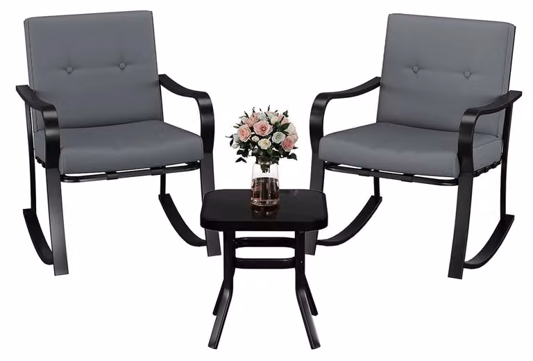 Set di mobili da giardino - Set bistro con 3 pezzi, inclusi 2 poltrone a dondolo con cuscini, un tavolo con piano in vetro temperato, struttura in acciaio resistente agli agenti atmosferici. Ideale per terrazza e balcone
