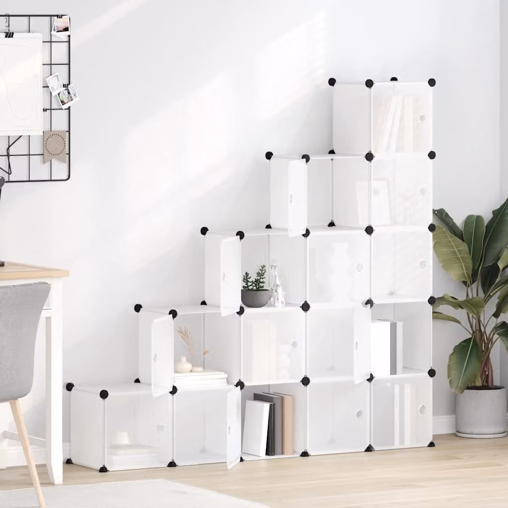 vidaXL Contenitore Cubo Portaoggetti con 15 Cubi e Ante Trasparenti, Bianco e Trasparente, L/P/H: 153,5 x 32,0 x 155,0 cm