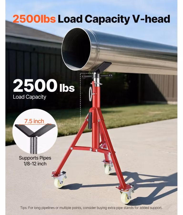 Supporto per tubi a forma di "V" - Altezza regolabile da 50,5 a 93,5 cm - Capacità di carico massima: 400 kg