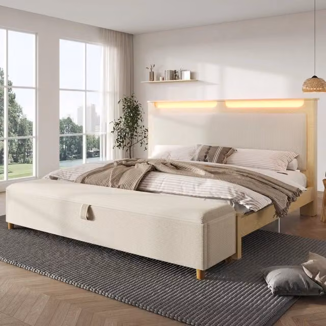 Letto 140x200 cm con contenitore e LED in legno e corduroy beige