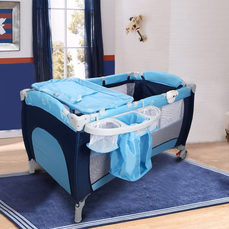 Culla pieghevole per bimbo Costway con zanzariera e due livelli regolabili, Blu, L: 120 cm, P: 60 cm, H: 76 cm