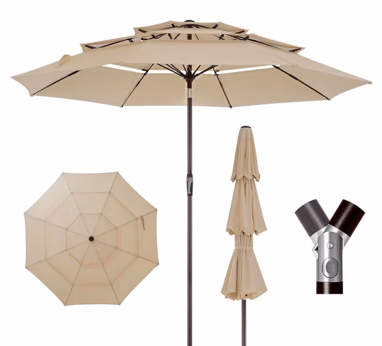 Ombrellone da giardino, diametro 300 cm, con tetto ventilato, pieghevole, resistente al vento, 8 stecche in fibra di vetro, con manovella, protezione UV 50+, per 8 persone, color beige