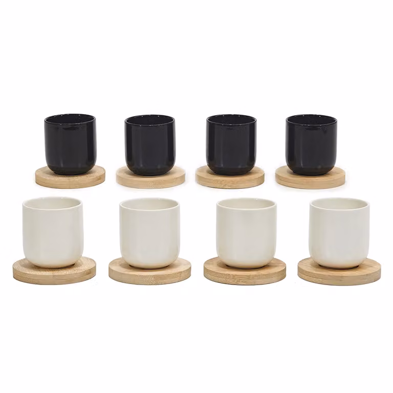 GUSTO CASA Servizio da caffè composto da 4 tazzine con piattini in ceramica e bamboo, colore nero, capacità 10,5 cl