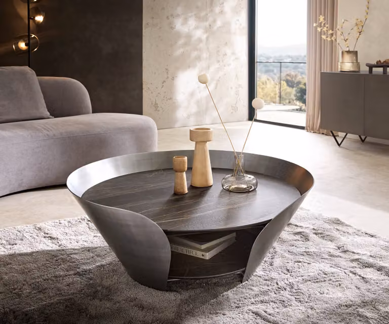DELIFE Tavolino Skafi, 100x40 cm, piano in laminato ceramico Noir Desir, struttura in metallo color bronzo e dettagli argentati