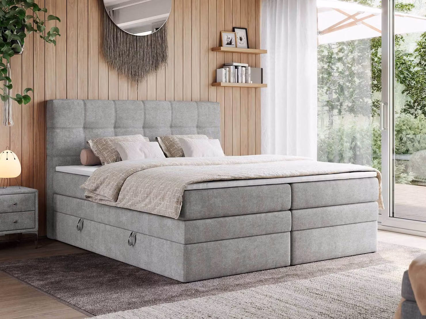 Letto boxspring, letto imbottito, letto, camera da letto - ERNI-KING - 180 x 200 cm - Grigio chiaro - H4
