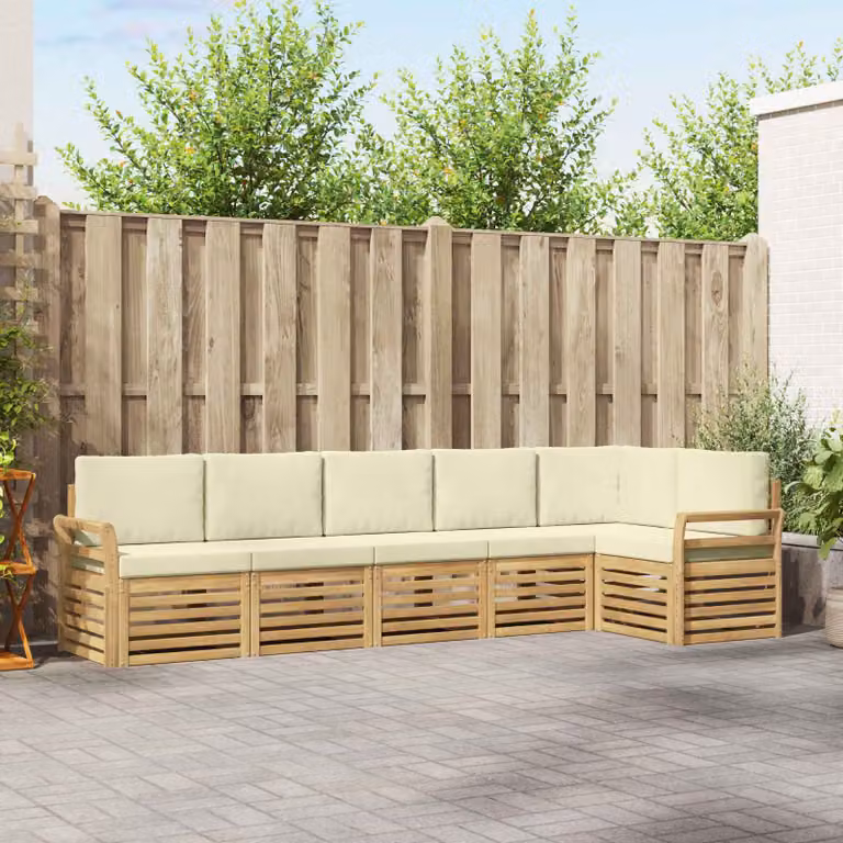 vidaXL Set di divani da esterno 6 pz a forma di L in legno di acacia con cuscini bianchi e beige