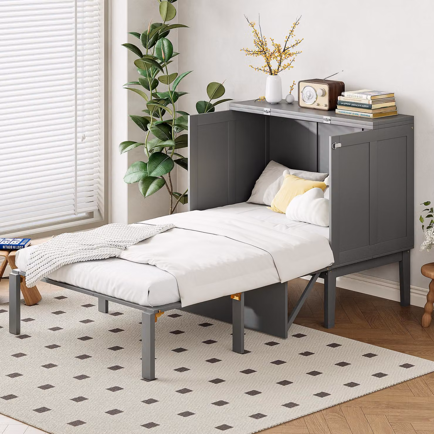 Letto armadio Sweiko 90x200 cm, letto a parete con rete a doghe, letto a scomparsa a parete, letto armadio verticale con rete a doghe, letto per ragazzi, grigio