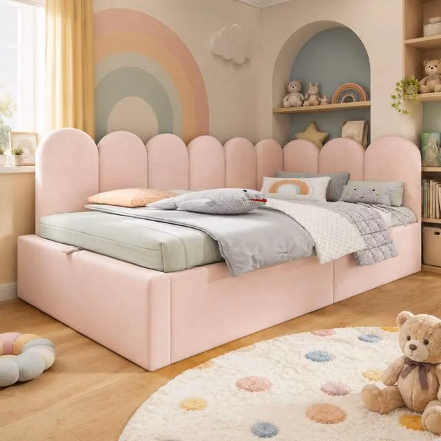 Letto Divano 1 Piazza con Contenitore Idraulico e Spondina in Velluto Rosa, L/P: 90 x 200 cm – 1