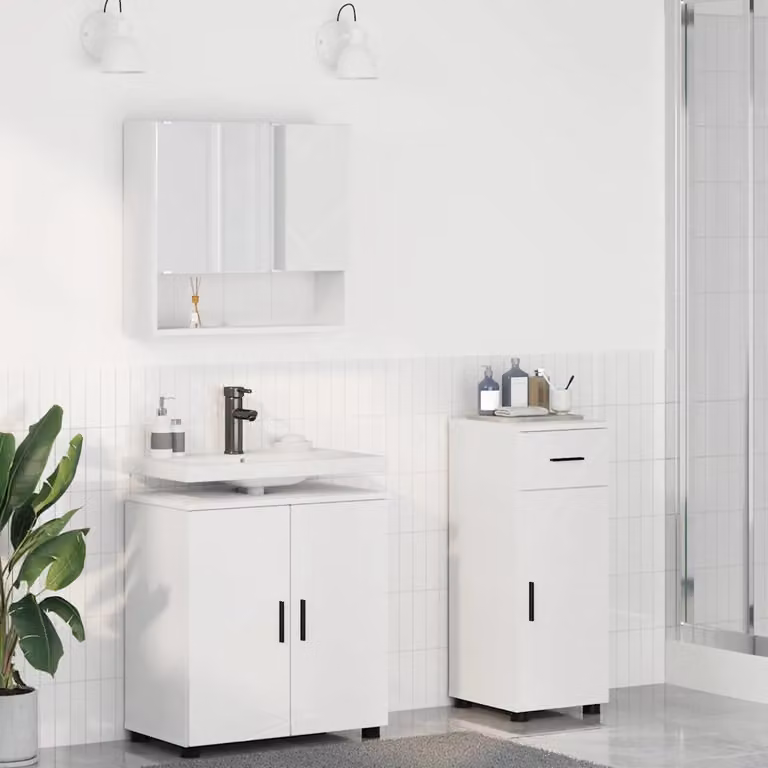 Set di mobili per il bagno vidaXL composto da 3 pezzi in bianco, con mobile lavabo, armadietto con specchio e mobile laterale, L/P/H: 61 x 35 x 64 cm