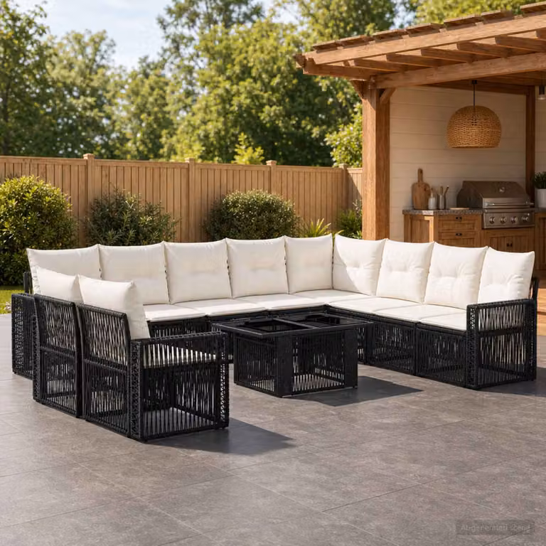 Set Divano da Giardino vidaXL 11 pz in Polyrattan Nero e Bianco Crema con Cuscini e Tavolino