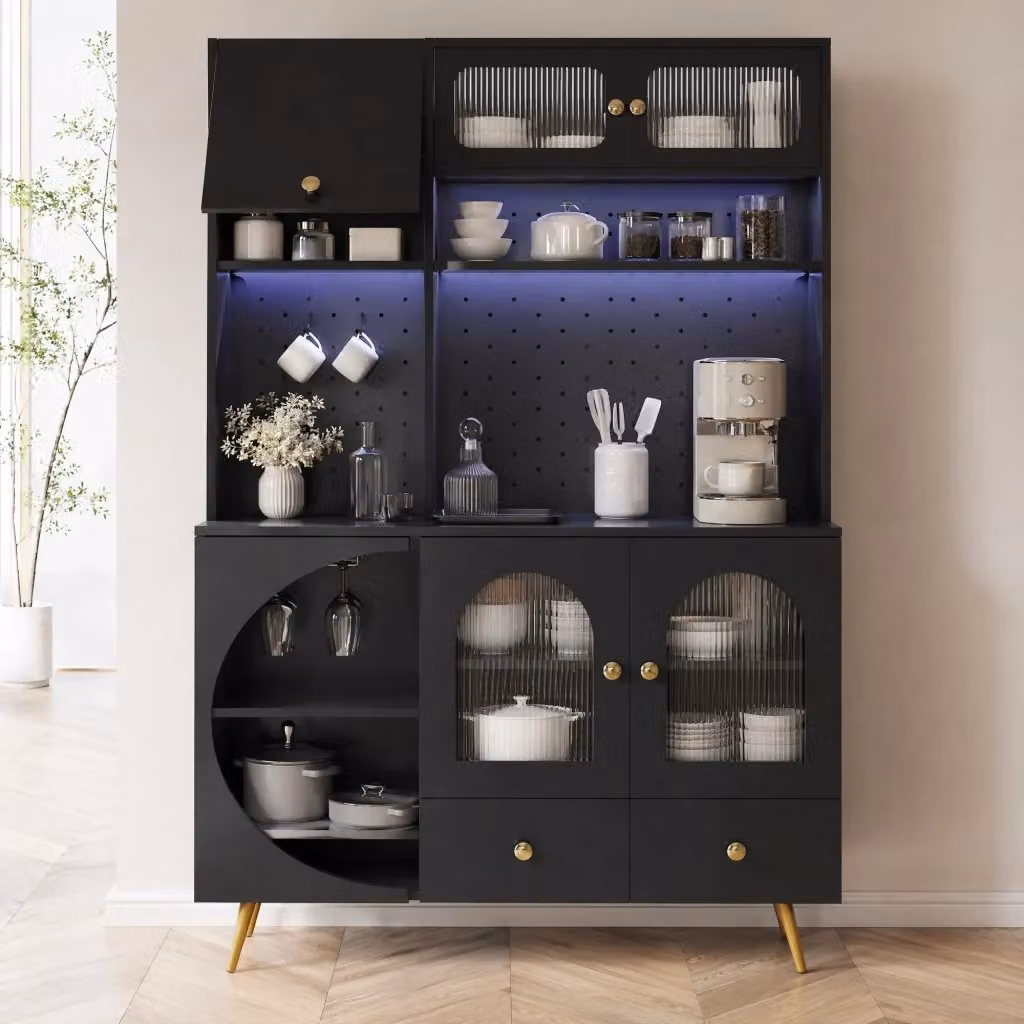 Mobile colonna da cucina Mivray nera con illuminazione LED, prese USB, portabottiglie e ripiani in vetro L/P/H: 120 x 40 x 176 cm – 2