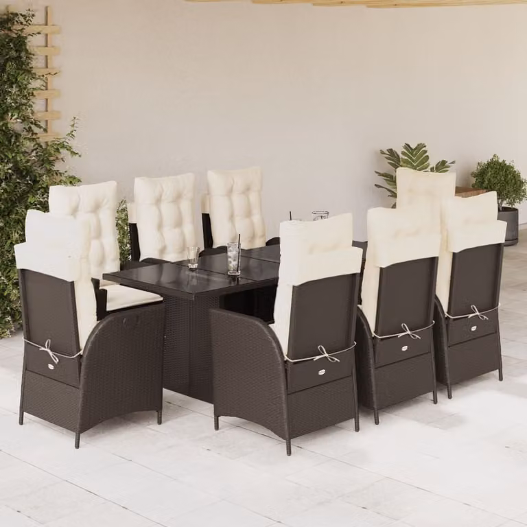 Set da Pranzo da Giardino vidaXL in Polyrattan Marrone con 9 Pezzi e Cuscini Bianchi