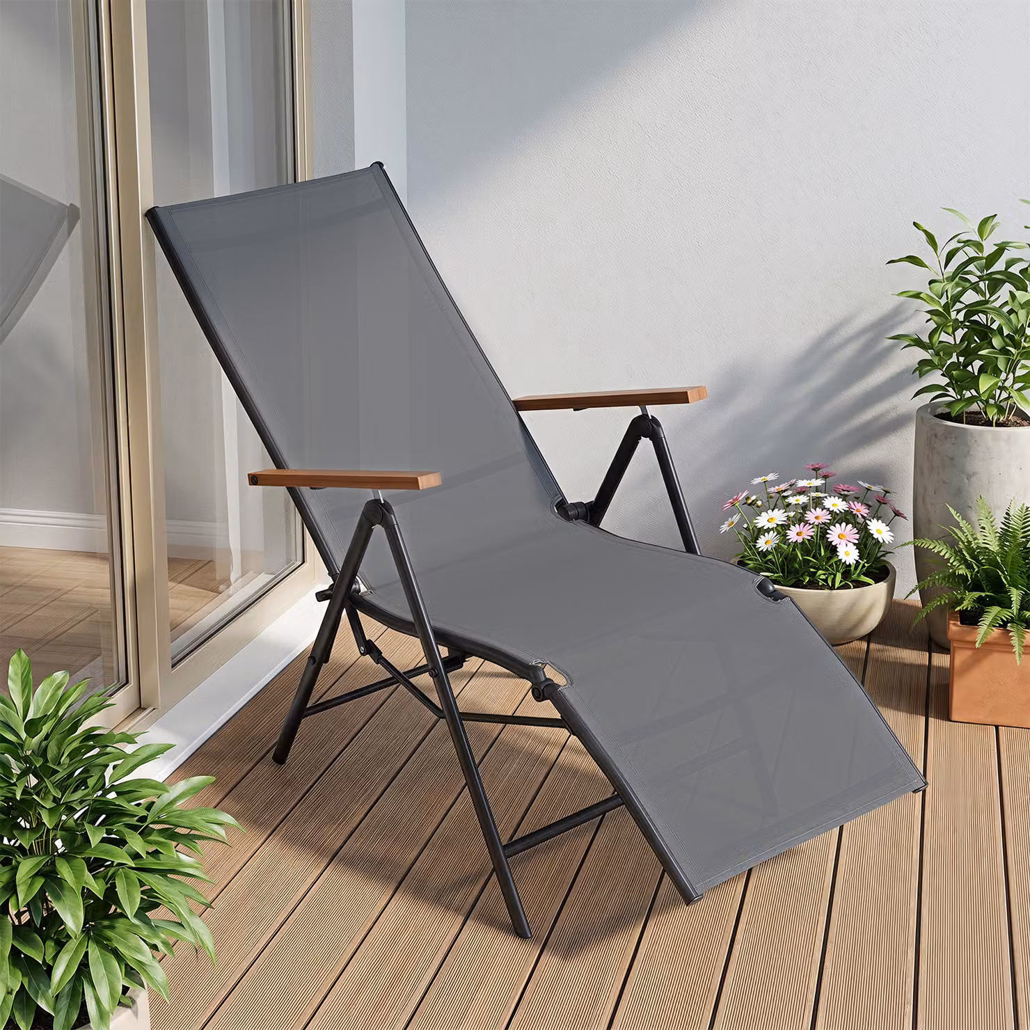 Set di 2 sedie da giardino reclinabili Costway con schienale regolabile e tessuto traspirante, lettini prendisole pieghevoli in metallo nero, portata 150 kg
