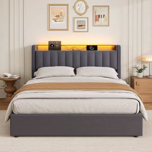 Letto matrimoniale imbottito 160x200 cm grigio scuro in velluto con contenitore, USB e luce ambientale