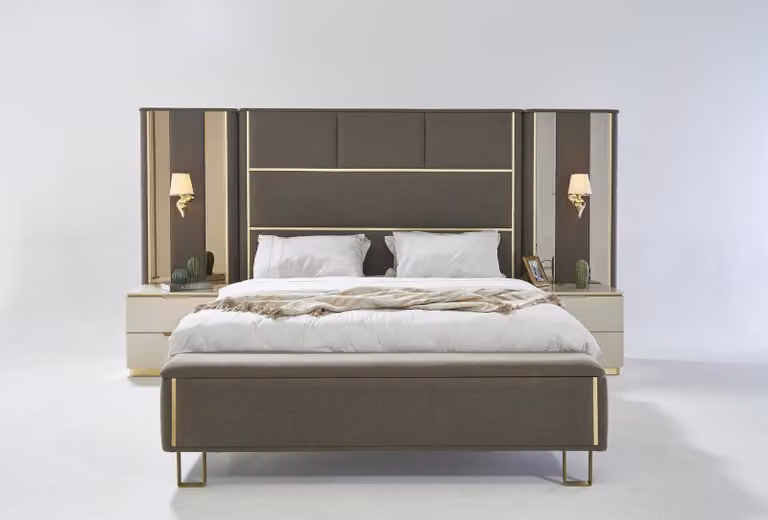 Bett Doppelbett 2x Nachttische Holz Design Betten Schlafzimmer Polster 3 tlg Set