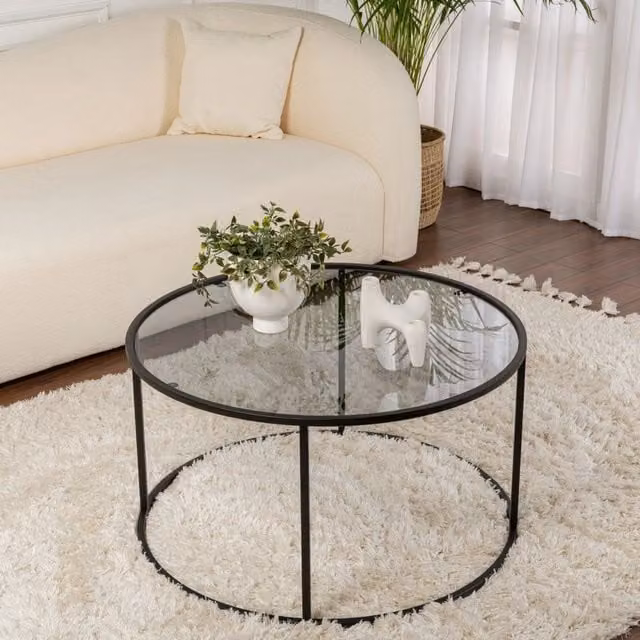 Tavolino da salotto rotondo DMORA con piano in vetro trasparente e struttura in metallo nero, L: 80 cm, P: 80 cm, H: 43 cm – 1
