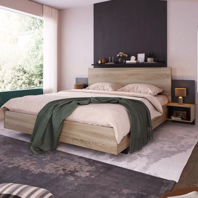 Letto matrimoniale 160x200 cm con 2 comodini; legno; Sonoma e grigio scuro