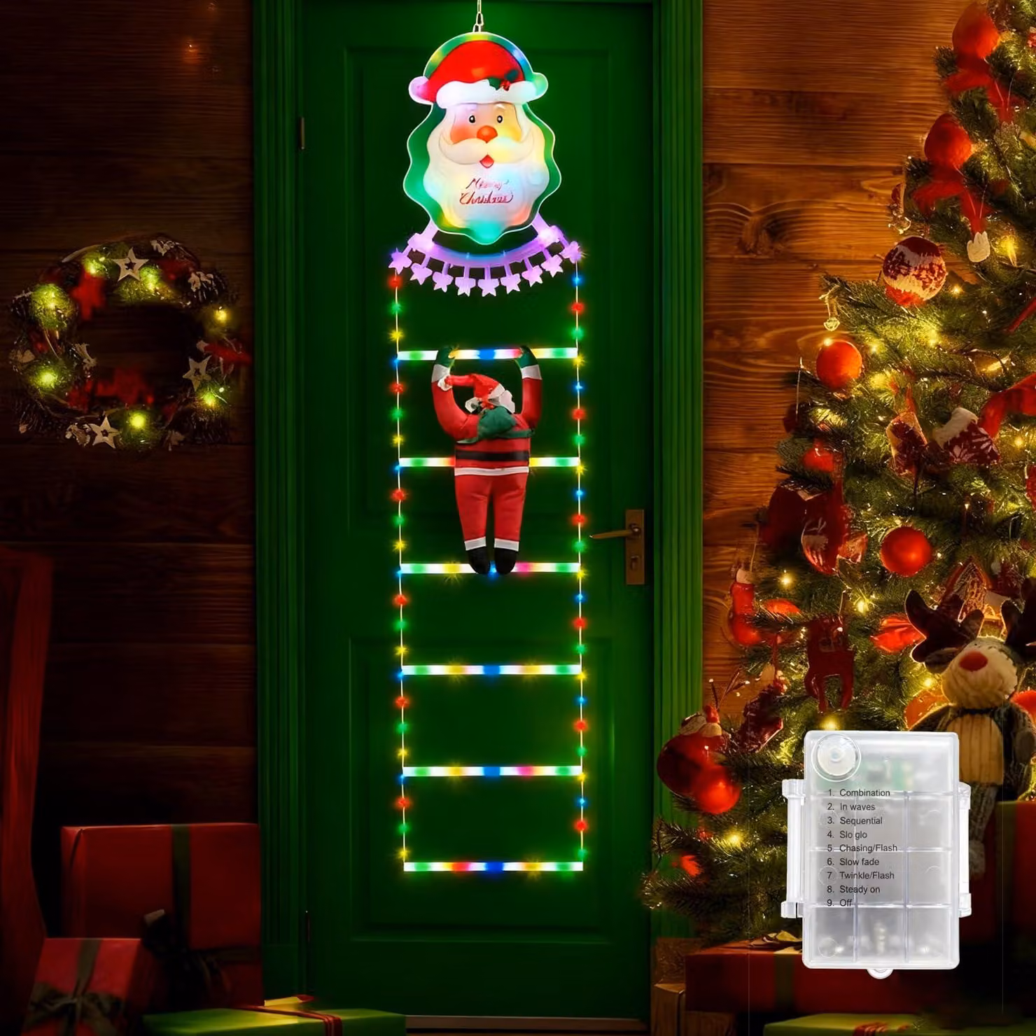 Catena luminosa a LED a forma di Babbo Natale, lunghezza 1,8 metri, alimentata a batteria, 8 modalità
