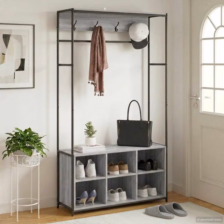 vidaXL Appendiabiti con panca per scarpe in stile industriale, colore grigio, L: 130 cm, H: 180,5 cm, P: 32 cm