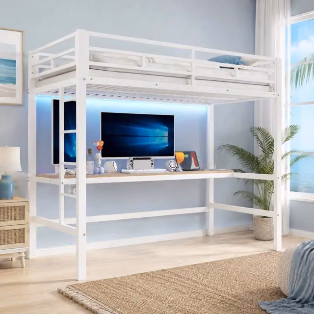 Letto a soppalco MIVRAY in metallo bianco con scrivania, scala, barriera e illuminazione LED multicolore gestibile via app, dimensioni 90 x 200 cm