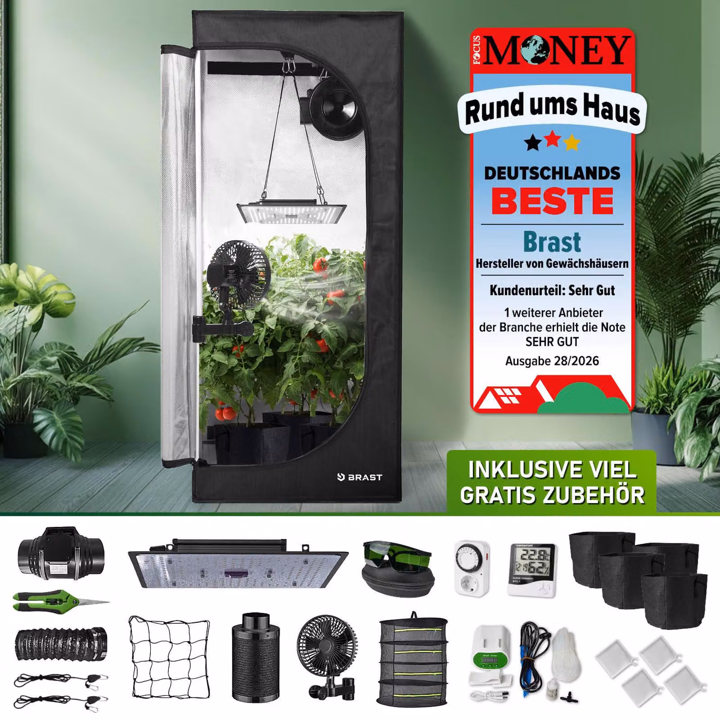 BRAST Growzelt GrowBox | Set completo con accessori speciali | 60x60x140 cm | Tecnologia LED a spettro completo | Sistema di ventilazione e irrigazione | Leggero e impermeabile