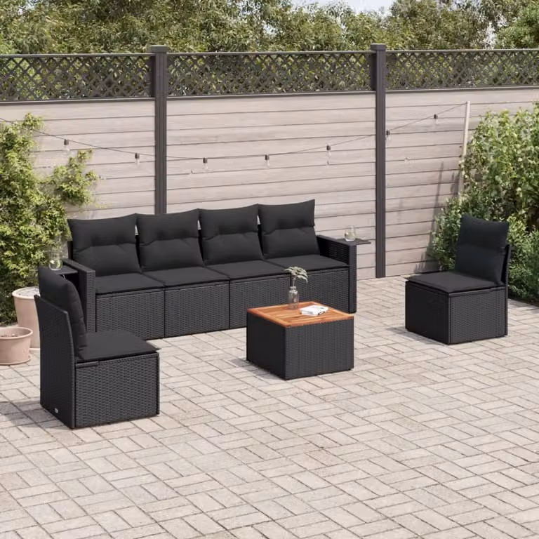 vidaXL Set Divani da Giardino Moderno in Polyrattan Nero con 7 Cuscini e Tavolino da Esterno