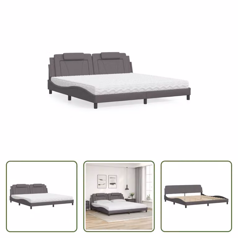 The Living Store Letto con materasso grigio 200x200 cm in ecopelle