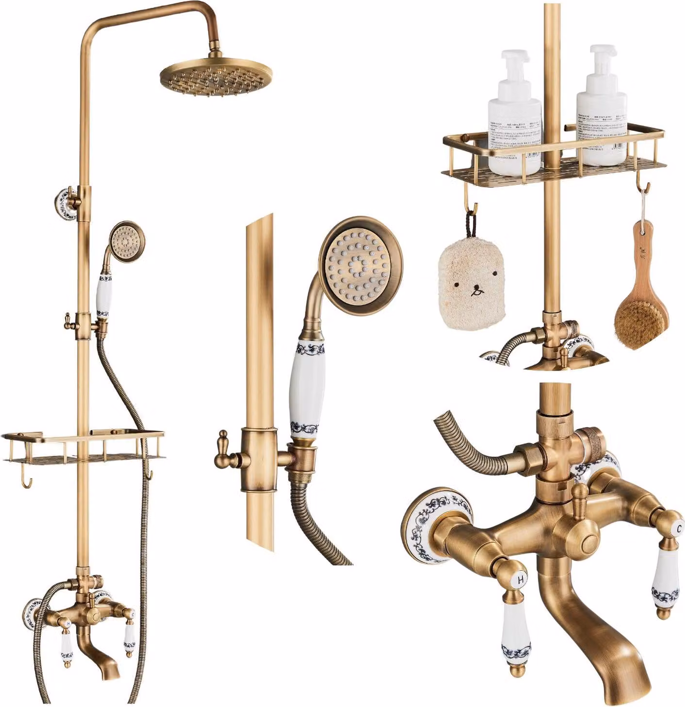 Miscelatore doccia da bagno RETRO ARI in ottone, set a parete con soffione regolabile, doccetta, mensola per cosmetici, cartuccia Vetroceramica