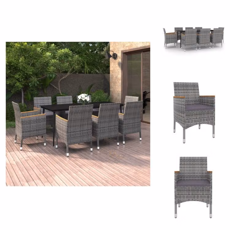 vidaXL Set da pranzo da giardino 9 pezzi con cuscini in poly rattan e vetro - Set di mobili da giardino