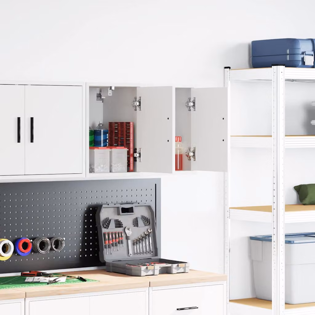 Set di 2 pensili da garage vidaXL bianchi in legno e MDF con ante a battente e ripiani interni