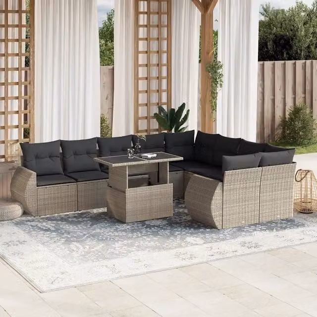 Set Divano da Giardino a Forma a U vidaXL composto da 10 Pezzi con Cuscini Antracite e Tavolino in Vetro
