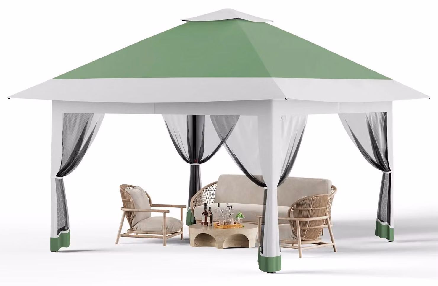 Gazebo pieghevole 4x4 metri - Tenda da giardino pop-up - Tetto impermeabile - Pareti laterali in rete con zanzariera - Altezza regolabile - Struttura in acciaio - Colore verde oliva