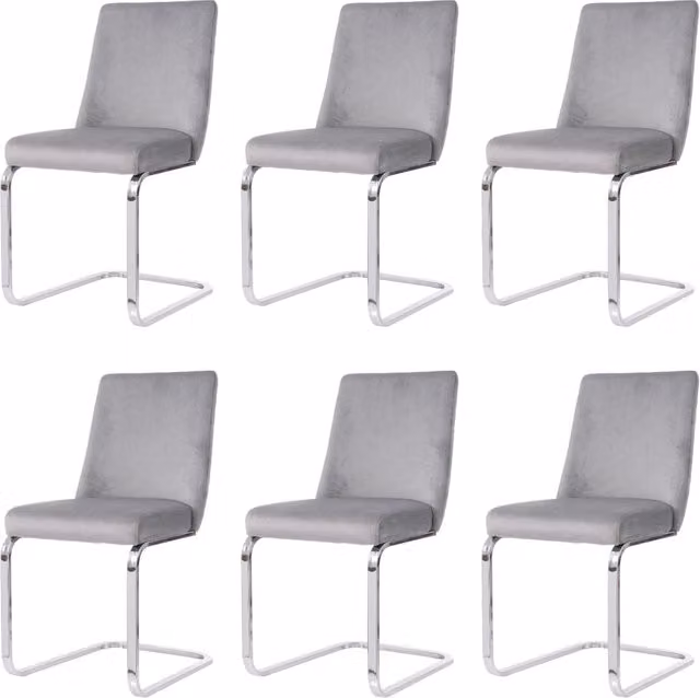 Set da 6 sedie da pranzo in velluto grigio con gambe in metallo argento e schienale a motivo diamante