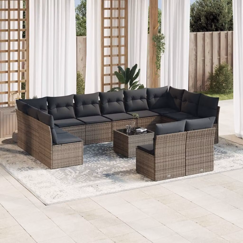 vidaXL Set Divani da Giardino a L con Cuscini Grigio in Polyrattan e Tavolino da Esterno – 1