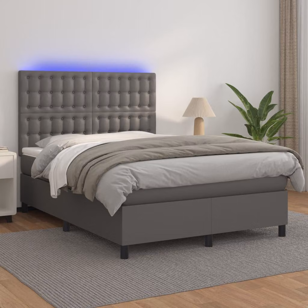 vidaXL Giroletto con Materasso Ibrido e Illuminazione LED in Similpelle Grigia, L/P/H: 140 x 200 cm – 1