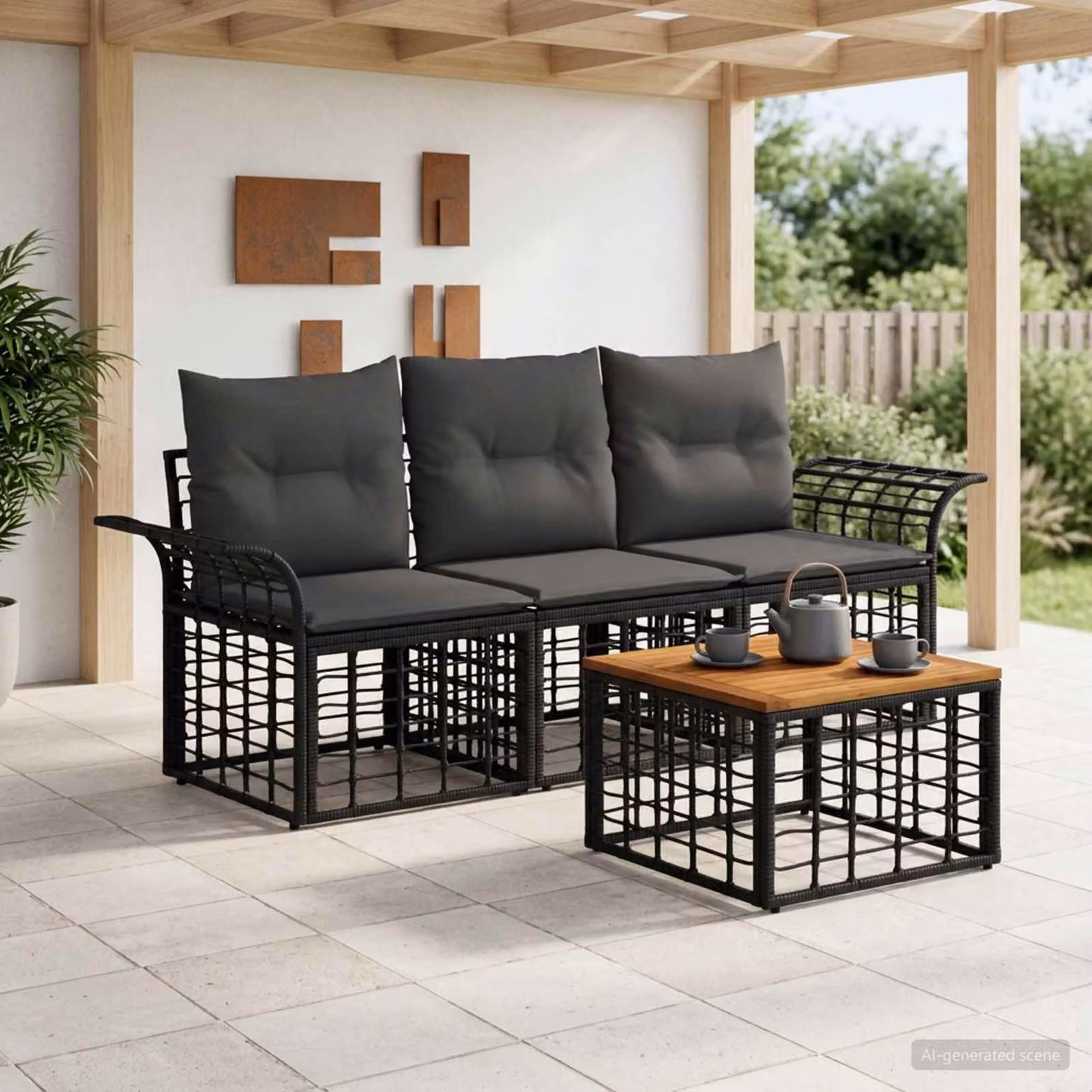 Set di divani da esterno vidaXL 4 pezzi in rattan e legno di acacia, colore nero e grigio