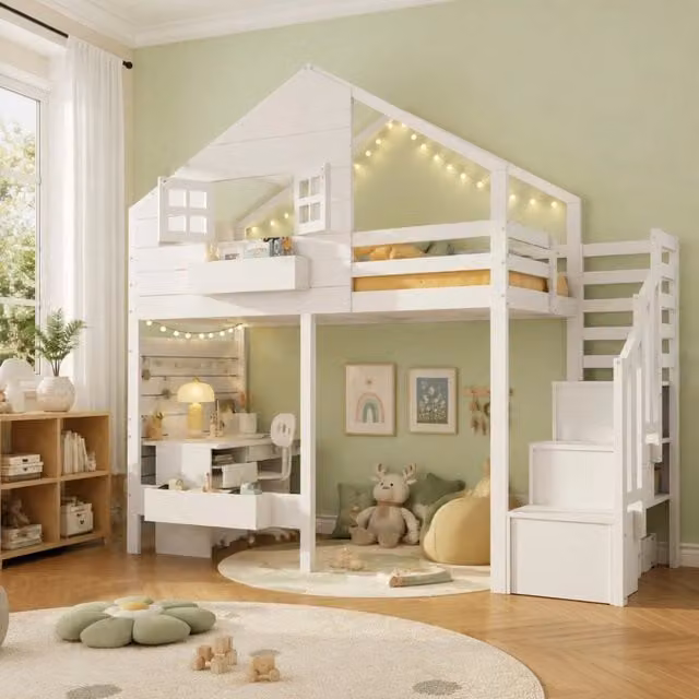 Letto a castello REDOM per bambini in legno di pino e MDF bianco con scala e ripiani laterali L/P/H: 221.4 x 90 x 107 cm