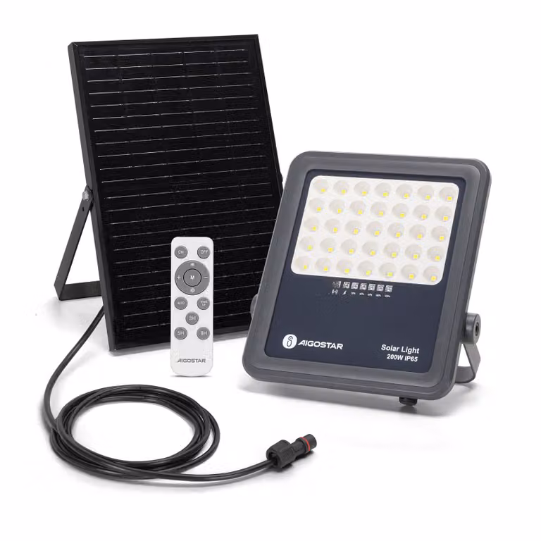 Proiettore solare Aigostar da 200 W con telecomando, 2000 lm, IP65, 6500 K per esterni