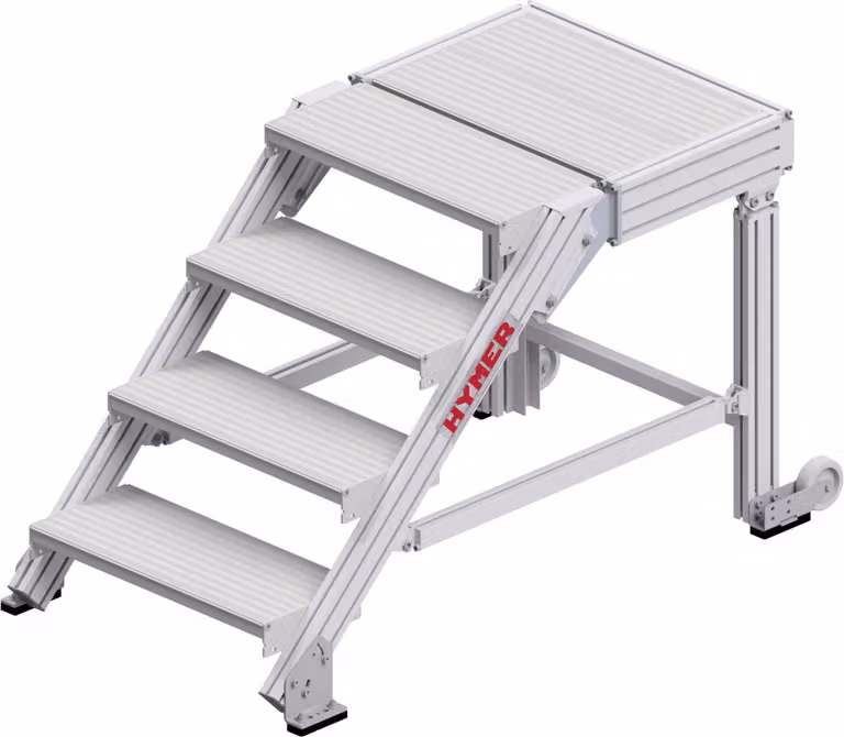 Piattaforma per scale Hymer con ampia superficie e 2 rotelle, larghezza gradino 0,6 m, 4 gradini
