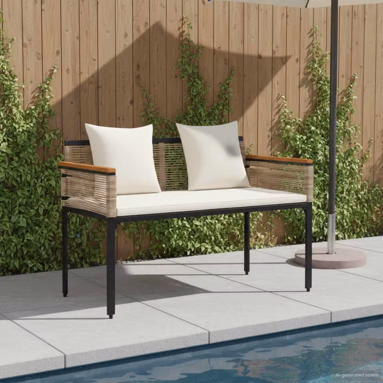 Panchina da esterno a 2 posti vidaXL in polyrattan beige e bianco con cuscini, L: 117 cm, P: 54 cm, H: 74.5 cm