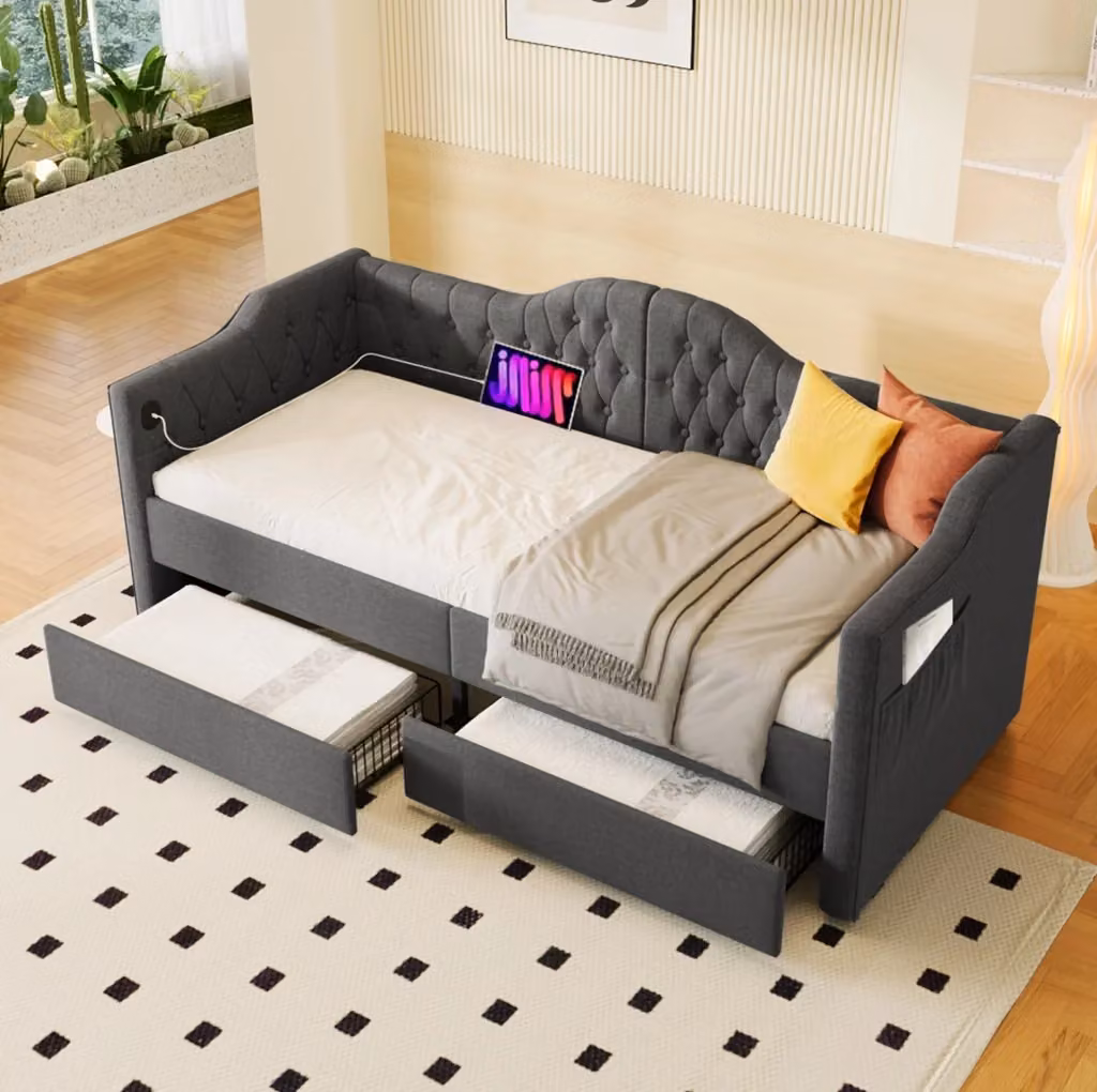 Daybed imbottito in tessuto grigio con cassetti e ricarica USB Tipo-C L/P/H: 200 x 90 x 35 cm – 2