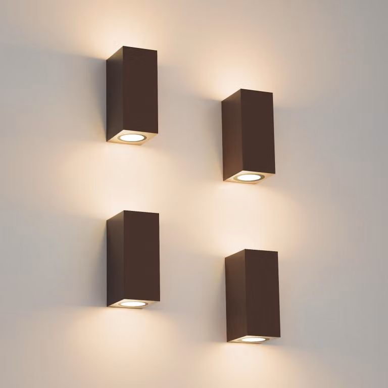 Set di 4 applique da parete, grado di protezione IP65, alluminio, attacco GU10, colore ruggine, dimensioni 15x8x6,3 cm
