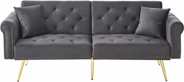 Divano letto ZR Home a 2 posti in velluto grigio con piedi dorati e poggiatesta regolabile, L: 173 cm, P: 75 cm, H: 70 cm – 1