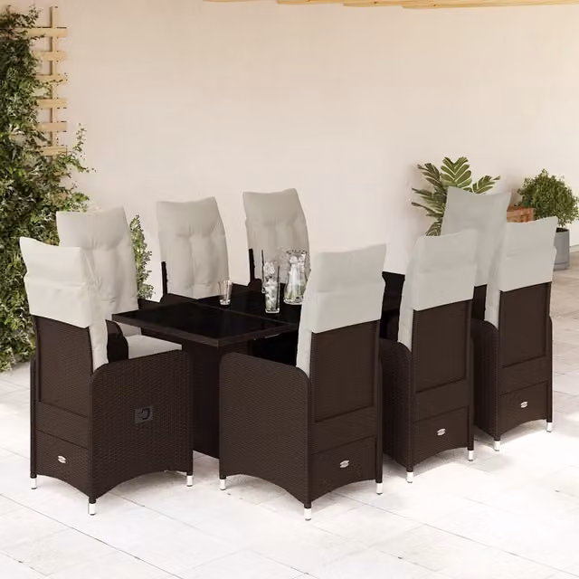 Set Bistrò da Giardino vidaXL 9 pz in Polyrattan Marrone e Bianco con Piano in Vetro