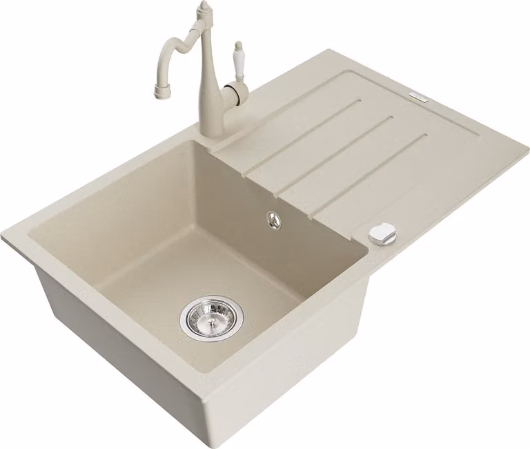 Mexen Bruno lavello in granito a 1 vasca con scolapiatti e rubinetto da cucina Carla, beige - 6513-69-670700-69