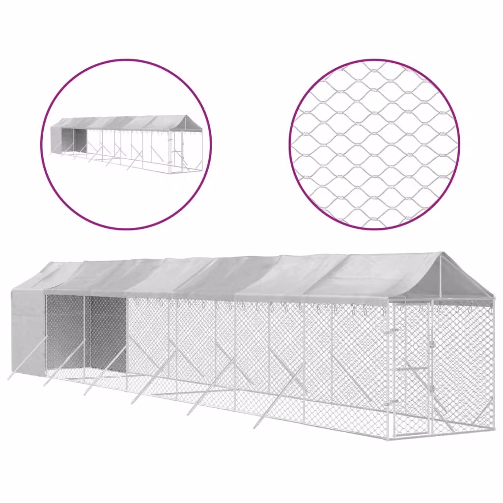 Cuccia Cani da Esterno Tetto Argento 2x14x2,5 m Acciaio Zincato