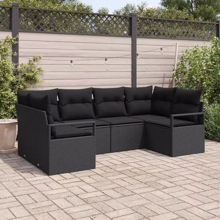 Set Divano da Giardino a Forma di L vidaXL in Polyrattan Nero con Cuscini e Struttura in Acciaio Verniciato a Polvere, 6 Pezzi