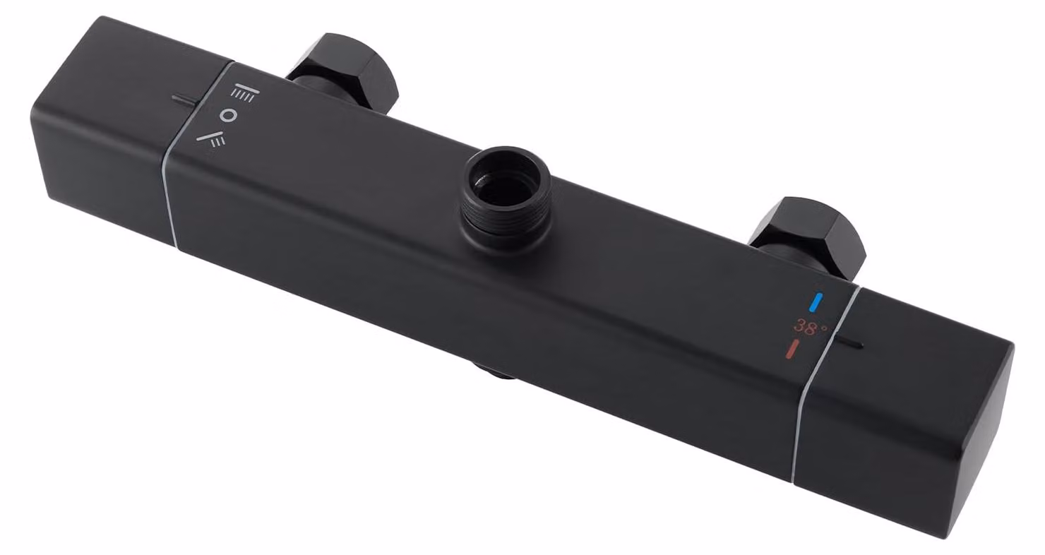 Termostato per miscelatore doccia, colore nero, 2 uscite, forma quadrata, attacchi 3/4" e 1/2"