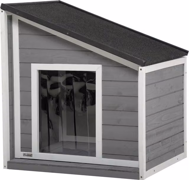 Cuccia per cani PawHut in legno massello resistente alle intemperie con tetto in asfalto rimovibile, Grigio e Bianco, L: 71 cm, P: 58 cm, H: 77 cm – 1
